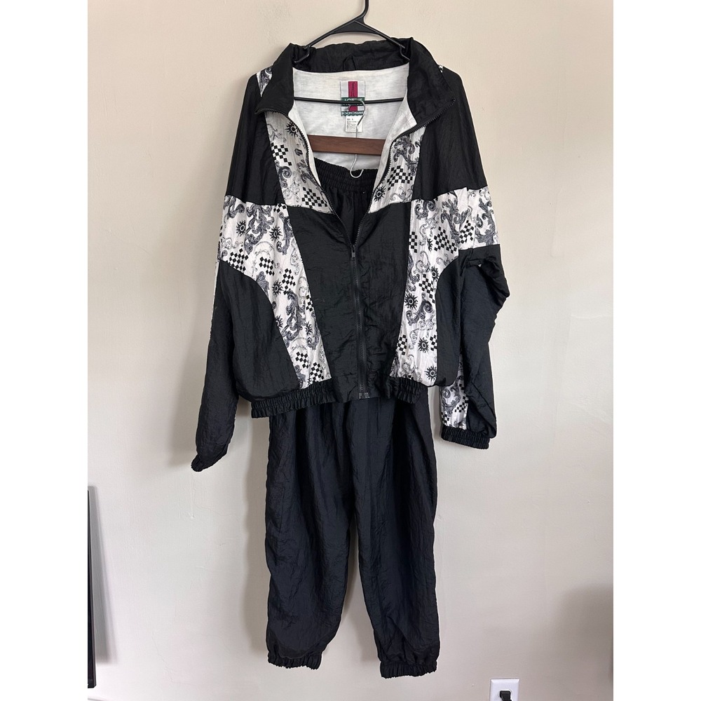 VTG 90s Active Exposure Tracksuit Men LARGE Black White Patterned Nylon Full Zip